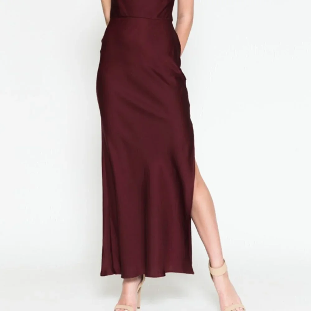 WINE COLOR SIMPLE SATIN PARTY BRIDSMAIDS EVENING MIDI SHEATH GOWN DRESS AC6115 - Picture 6 of 7